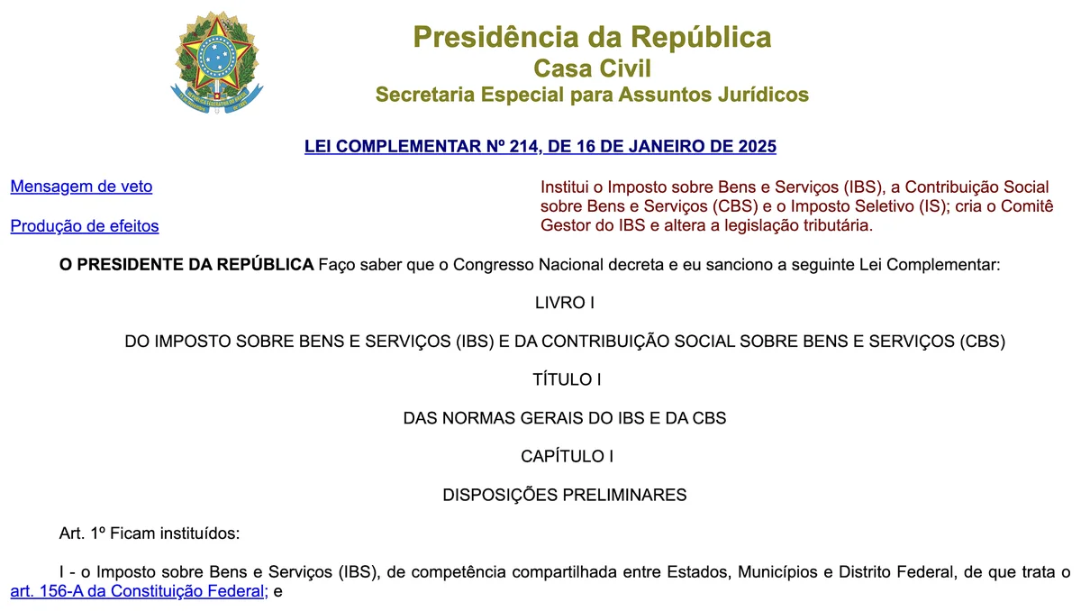 Publicação oficial da Lei Complementar nº 214 no Diário Oficial da União e Casa Civil